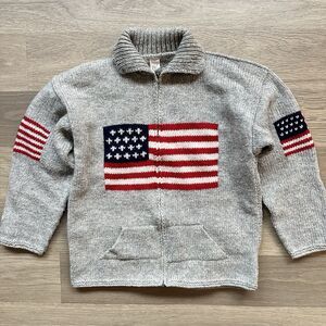 Vtg Tino Sweater Women L/XL Gray Lama Wool Ecuador American Flag Patriotic 90s